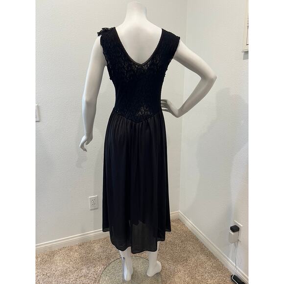 VINTAGE 80s Black Cinema Etoile Stretch Ruffle Lace Lingerie Nightgown SMALL - Picture 6 of 8
